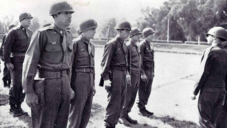 Koblenz Stadium - Presentation of Presidential Citation to A Company men for action at Habkirchen, Germany