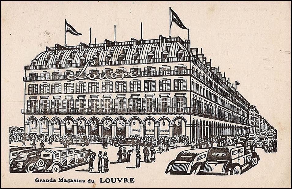 A postcard with a drawing of a building and cars

Description automatically generated